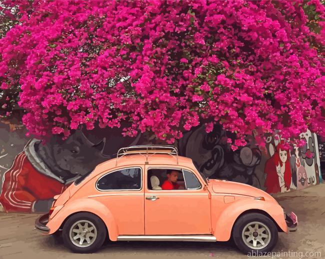 Vw Beetle Pink Blossom Trees Paint By Numbers.jpg