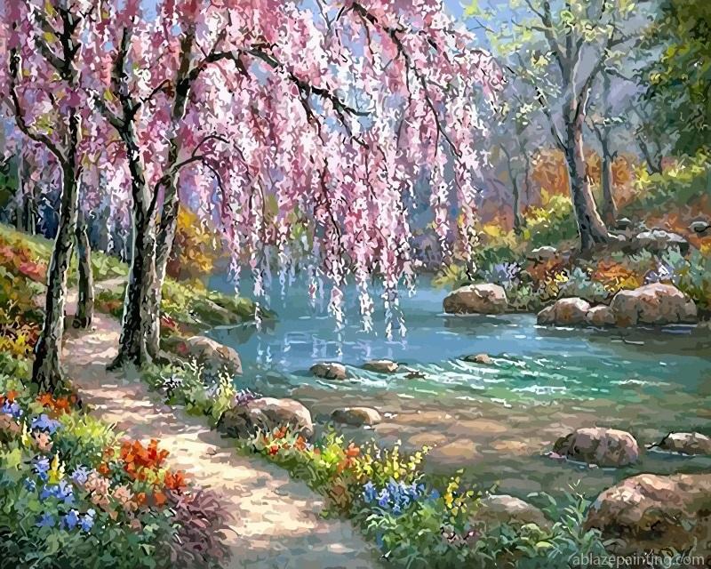 Cherry Blossom Tree Near River Landscape Paint By Numbers.jpg