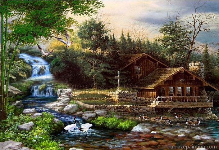 Cottage By Waterfall Landscape Paint By Numbers.jpg