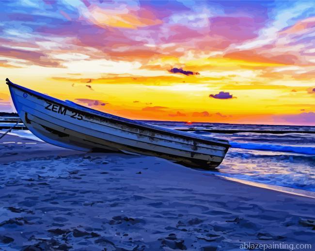 Beach With Row Boat At Sunset Paint By Numbers.jpg
