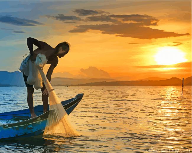 Man On Boat Fishing At Sunset Paint By Numbers.jpg