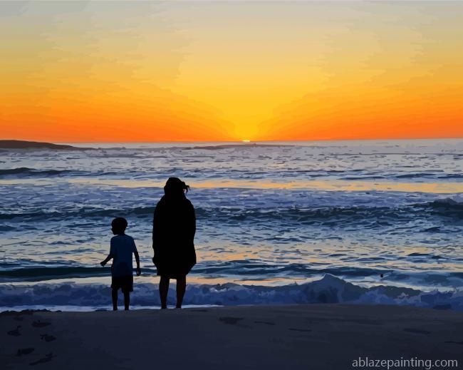 Mother And Son On Beach Silhouette Paint By Numbers.jpg