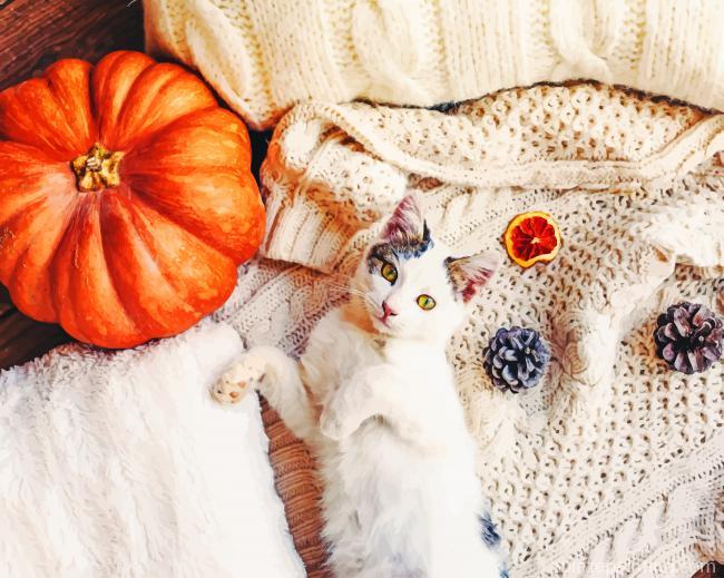White Cat Lying Next To Pumpkin New Paint By Numbers.jpg